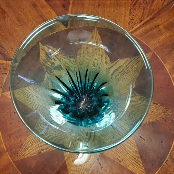 Mid Century Blenko Art Glass Blue Green Hand Blown Trumpet Vase - Picture 3 of 10